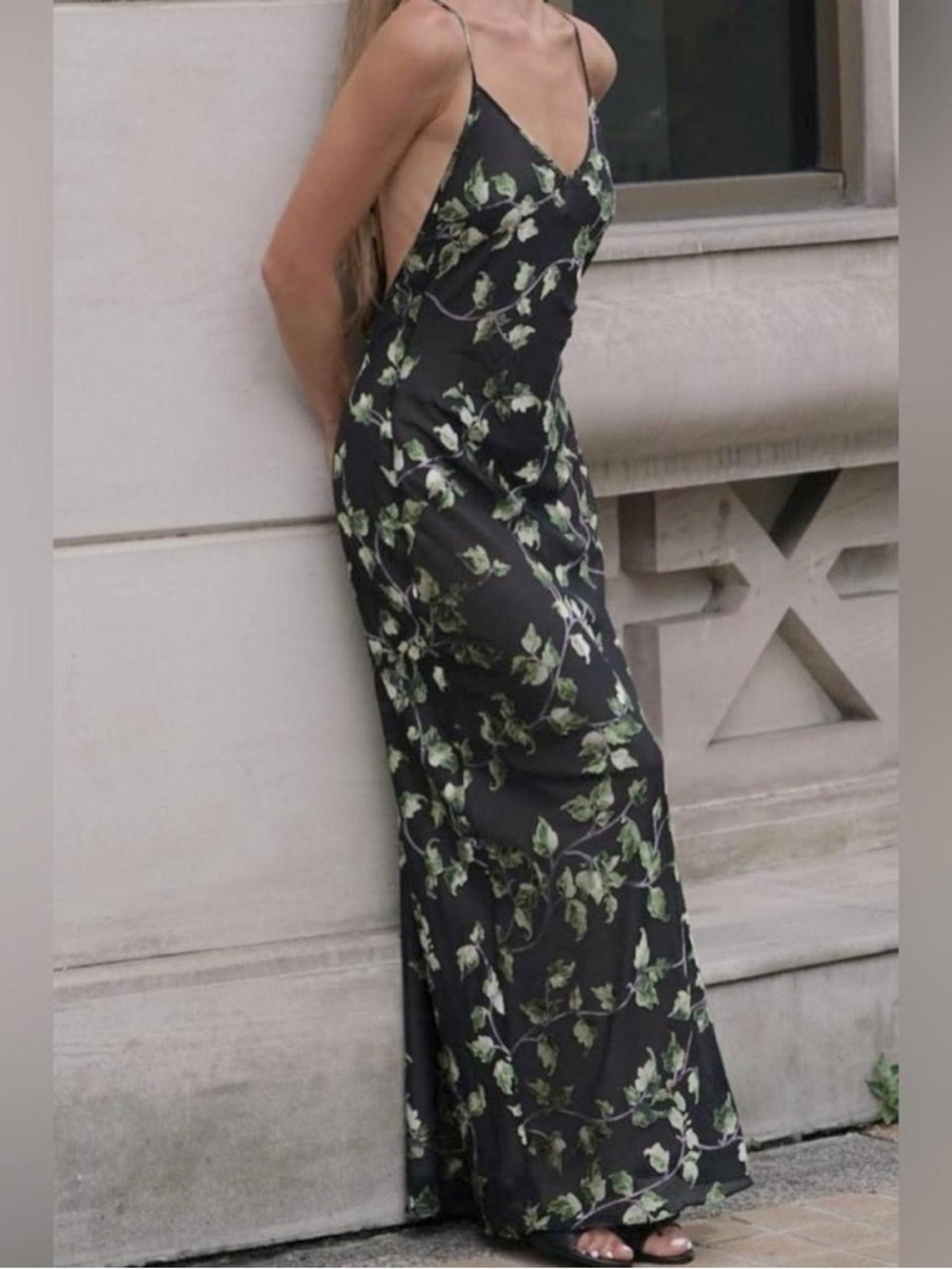 Rumored Black Maxi Slip Dress with Green Leaf Print
